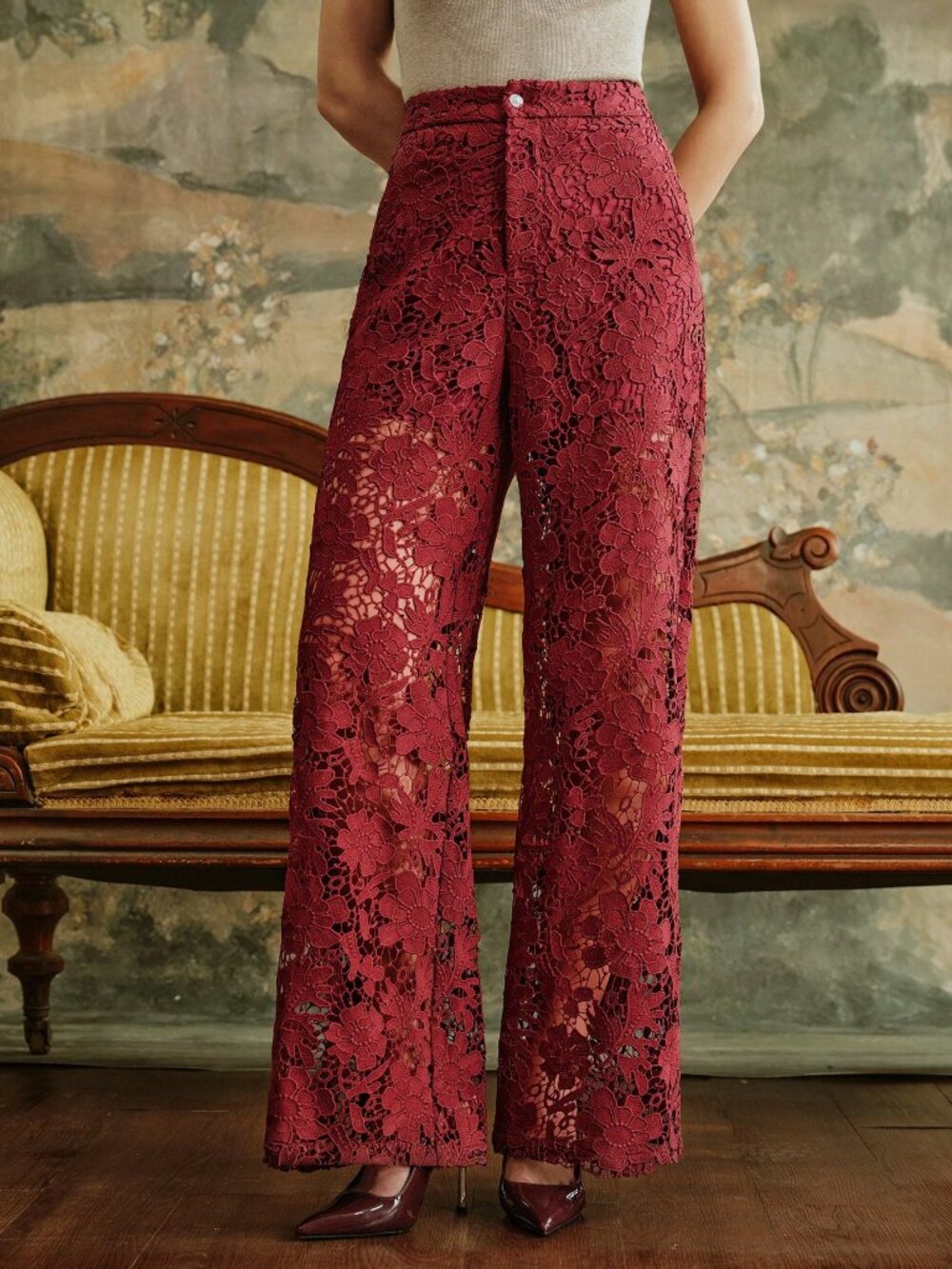 Burgundy Elegant Women's Floral Lace Hollow-Out Pants